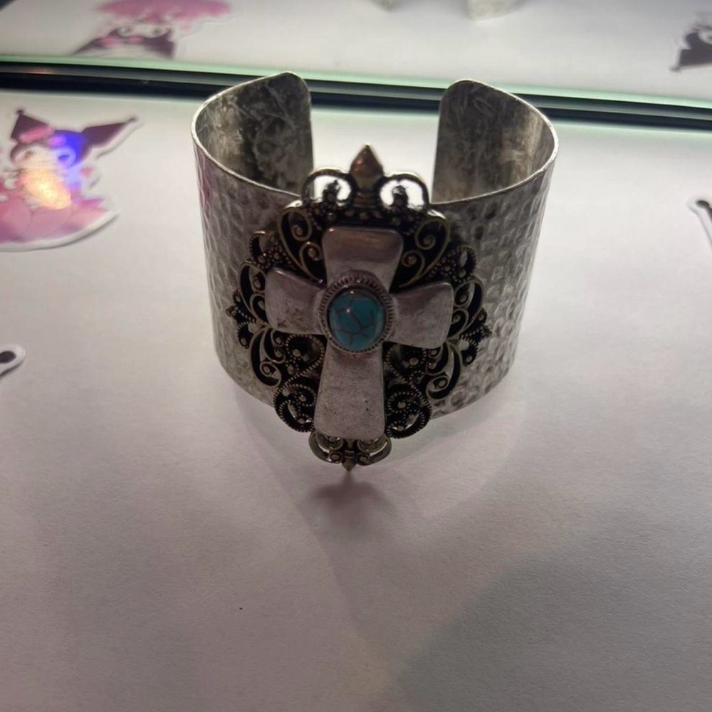 Vintage Silver and White Cross Cuff Bracelet